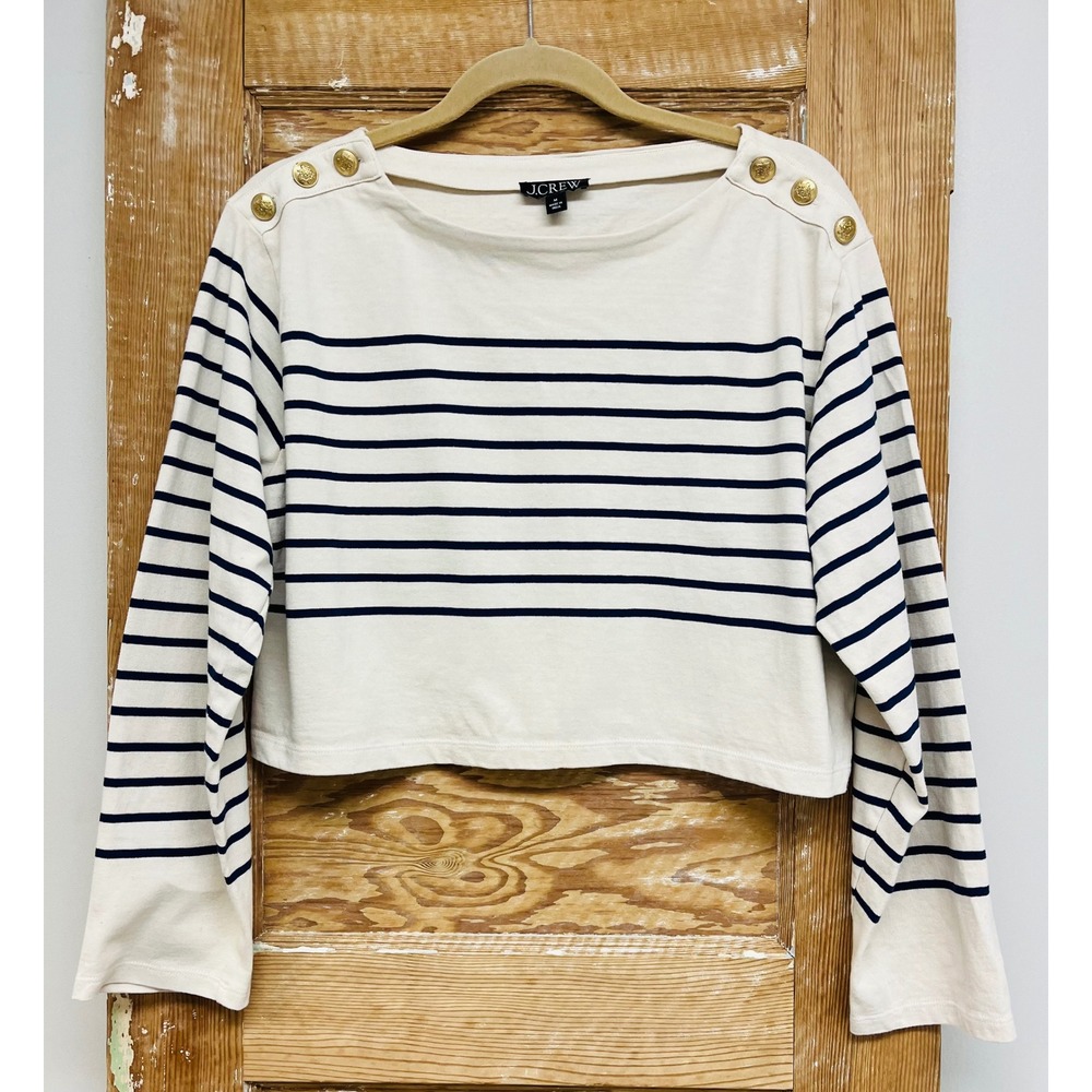 J.Crew Cropped Boatneck T-Shirt M Nautical Sailor Mariner Cotton Breton Capsule